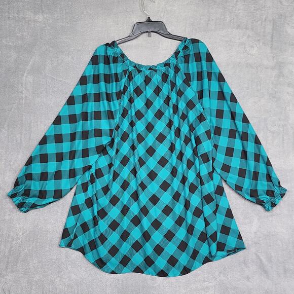 Catherines Tunic Top Blouse 2X Buffalo Check Chiffon Teal and Brown Peasant - Picture 2 of 7